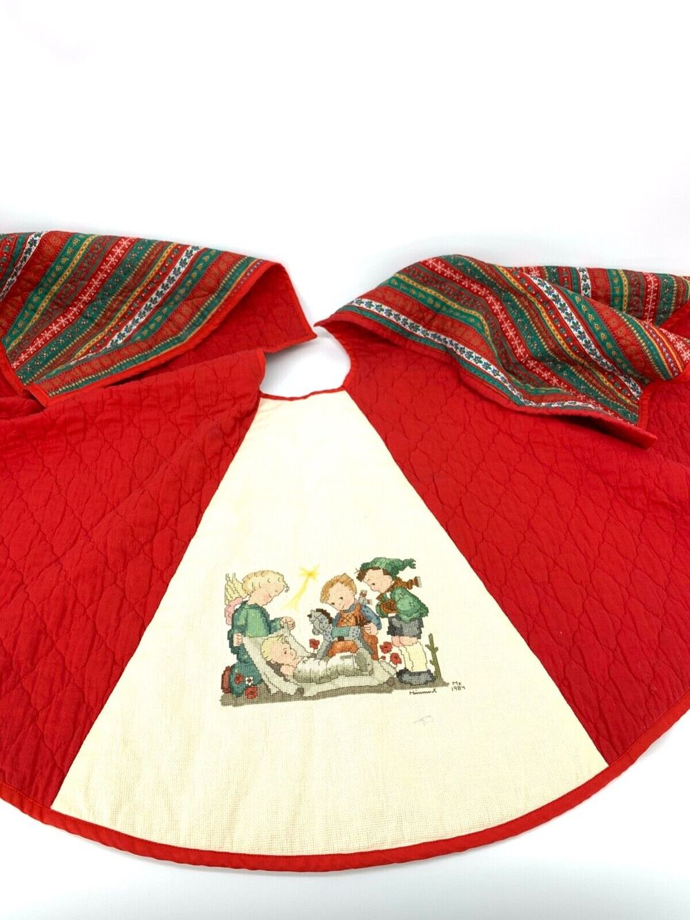 Vintage 80s Hummel Cross Stitch Christmas Tree Skirt Hand Made Completed **READ*